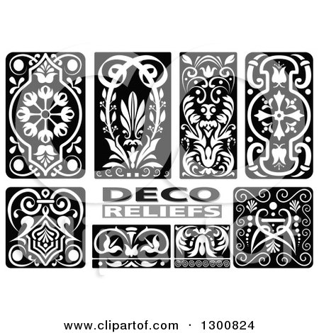 Clipart of Black and White Floral Deco Relief Design Elements - Royalty Free Vector Illustration by dero