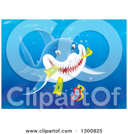 Clipart of a Blue Shark Eating Snorkel Gear Underwater - Royalty Free Illustration by Alex Bannykh