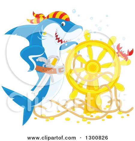 Clipart of a Happy Blue and White Shark Pirate Posing with a Sunken Ship Helm and Crab - Royalty Free Illustration by Alex Bannykh