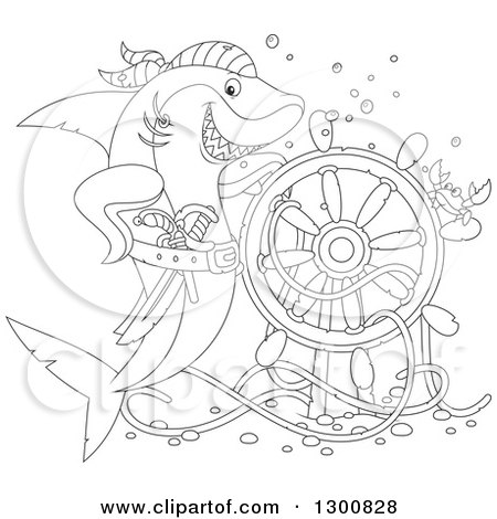 Clipart of a Black and White Shark Pirate Posing with a Sunken Ship Helm and Crab - Royalty Free Illustration by Alex Bannykh