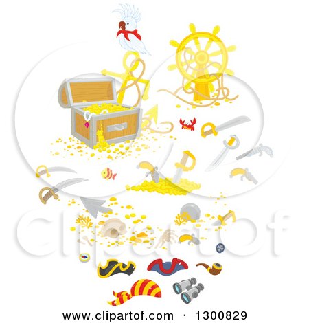 Clipart of White Bird with a Reasure Chest, Helm, Sunken Shipwreck Items, Swords and Pirate Accessories - Royalty Free Vector Illustration by Alex Bannykh