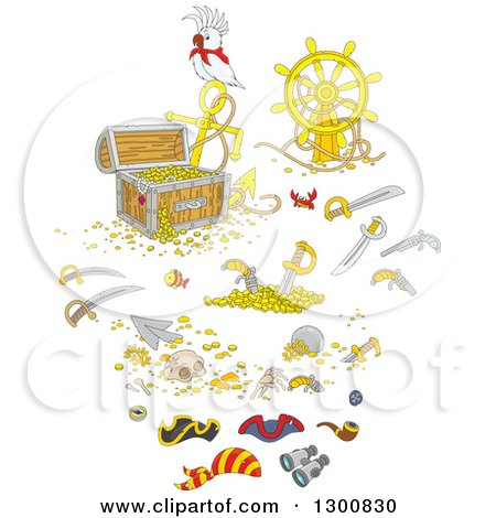 Clipart of Bird with a Reasure Chest, Helm, Sunken Shipwreck Items, Swords and Pirate Accessories - Royalty Free Vector Illustration by Alex Bannykh