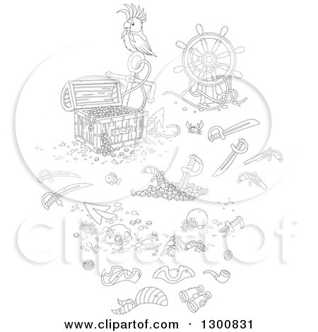 Clipart of Black and White Bird with a Reasure Chest, Helm, Sunken Shipwreck Items, Swords and Pirate Accessories - Royalty Free Vector Illustration by Alex Bannykh
