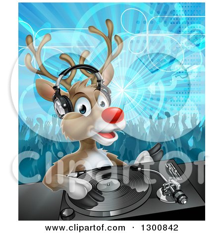 Clipart of a Christmas Rudolph Reindeer Dj Wearing Headphones over a Turntable and People Dancing in the Background - Royalty Free Vector Illustration by AtStockIllustration