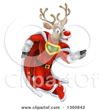 Clipart of a Super Hero Rudolph Red Nosed Reindeer Running in a Cape - Royalty Free Vector Illustration by AtStockIllustration