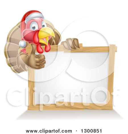 Clipart of a Christmas Turkey Bird Wearing a Santa Hat and Giving a Thumb up over a Blank White Sign - Royalty Free Vector Illustration by AtStockIllustration