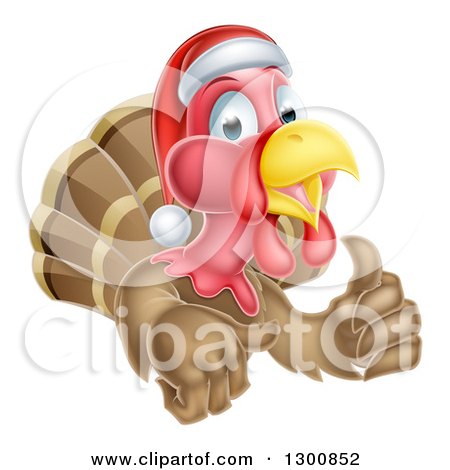 Clipart of a Christmas Turkey Bird Wearing a Santa Hat and Giving a Thumb up - Royalty Free Vector Illustration by AtStockIllustration