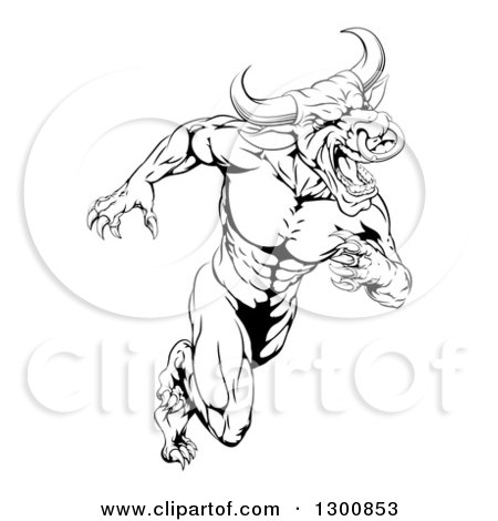 Clipart of a Muscular Aggressive Black and White Bull Man Monster Sprinting Upright - Royalty Free Vector Illustration by AtStockIllustration