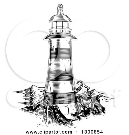 Clipart of a Black and White Engraved Lighthouse at Sea - Royalty Free Vector Illustration by AtStockIllustration
