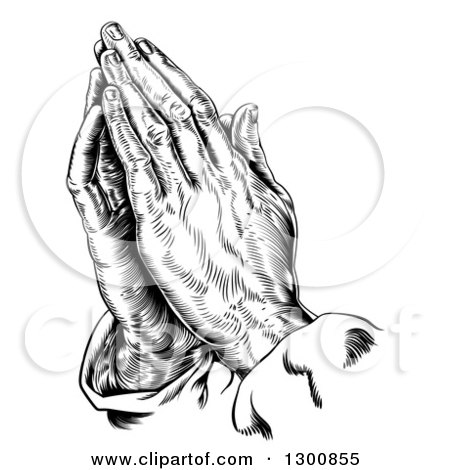 Clipart of Black and White Engraved Praying Hands - Royalty Free Vector Illustration by AtStockIllustration