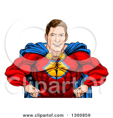 Clipart of a Cacuasian Muscular Super Hero Man with Hands on His Hips - Royalty Free Vector Illustration by AtStockIllustration