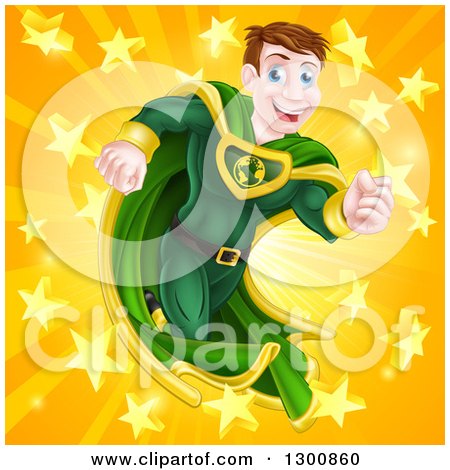 Clipart of a Happy Brunette Caucasian Male Super Hero Running in a Green Suit over a Burst with Stars - Royalty Free Vector Illustration by AtStockIllustration