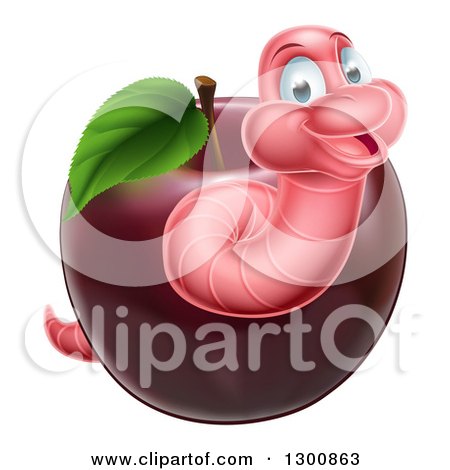 Clipart of a Happy Pink Worm Emerging from a Red Apple - Royalty Free Vector Illustration by AtStockIllustration