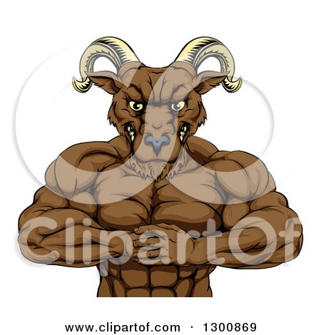 Clipart of a Muscular Tough Angry Ram Man Punching One Fist into a Palm - Royalty Free Vector Illustration by AtStockIllustration