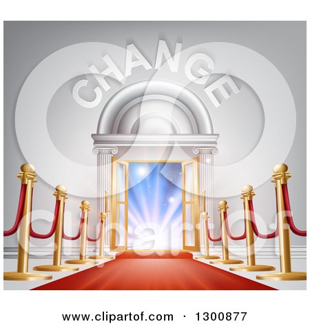 Clipart of a Red Carpet and Posts Leading to a CHANGE Doorway with Bright Lights - Royalty Free Vector Illustration by AtStockIllustration