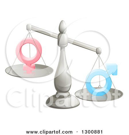 Clipart of a 3d Unbalanced Silver Scale Weighing Gender Inequality Symbols - Royalty Free Vector Illustration by AtStockIllustration