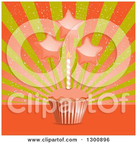 Clipart of a Birthday Cupcake with a Candle and Star Balloons over Rays - Royalty Free Vector Illustration by elaineitalia
