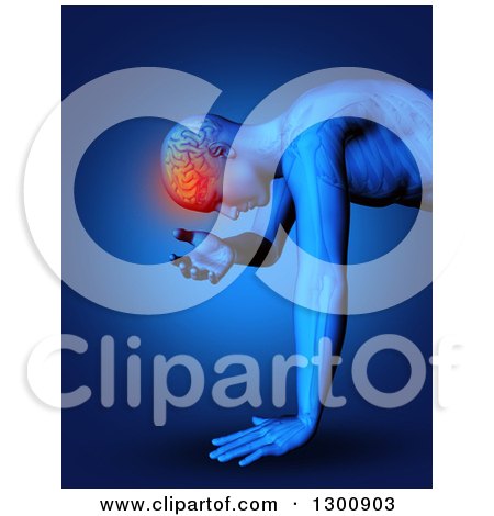 Clipart of a 3d Xray Anatomical Man with Visible Skeleton, Brain and Head Pain, over Blue - Royalty Free Illustration by KJ Pargeter
