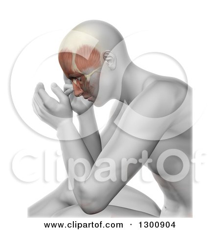 Clipart of a 3d Xray Anatomical Man with Visible Facial Muscles and Head Pain, over White - Royalty Free Illustration by KJ Pargeter