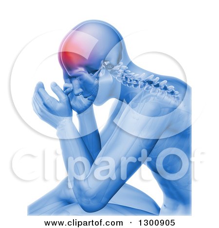 Clipart of a 3d Xray Anatomical Man with Visible Spine and Head Pain, over White - Royalty Free Illustration by KJ Pargeter