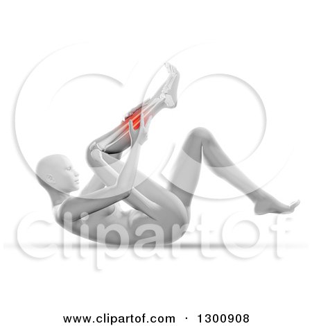 Clipart of a 3d Anatomical Female Laying on Her Back and Holding a Painful Calf, with Visible Leg Bones, on White - Royalty Free Illustration by KJ Pargeter