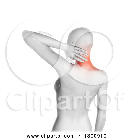 Clipart of a 3d Anatomical Woman with Glowing Neck Pain, over White - Royalty Free Illustration by KJ Pargeter