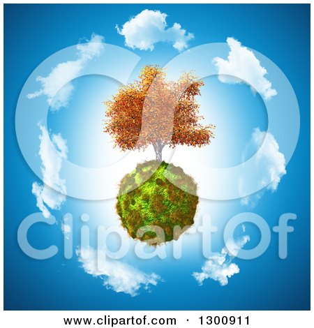 Clipart of a 3d Autumn Walnut Tree on a Grassy Globe in a Circle of Clouds over Blue - Royalty Free Illustration by KJ Pargeter