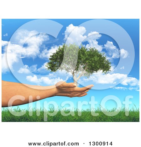 Clipart of a 3d White Female Hand Holding a Tree in Her Hands, over Grass and Blue Sky with Clouds - Royalty Free Illustration by KJ Pargeter
