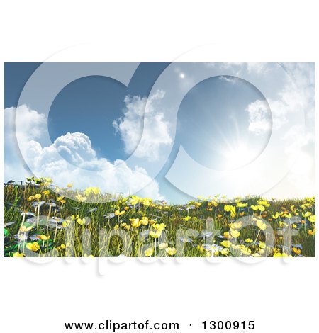Clipart of a 3d Hillside with Grass, Buttercup and Daisy Flowers Against a Sky with a Shining Sun - Royalty Free Illustration by KJ Pargeter