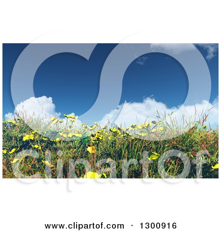 Clipart of a 3d Hillside with Grass, Buttercup and Daisy Flowers Against a Sky Clouds - Royalty Free Illustration by KJ Pargeter