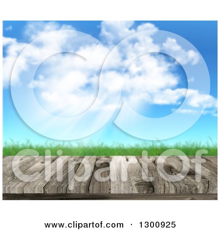Clipart of a 3d Wood Table or Deck Against Grass, Blue Sky, Clouds and Sunshine - Royalty Free Illustration by KJ Pargeter