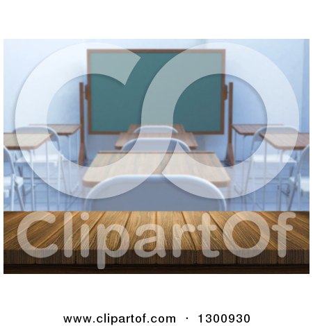 Clipart of a 3d Wood Table or Desk with a Blurred Classroom - Royalty Free Illustration by KJ Pargeter