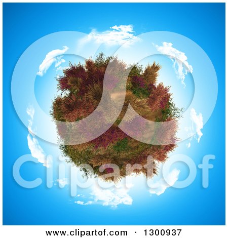 Clipart of a 3d Tree Covered in Ferns and Heather Within a Circle of Clouds on Blue Sky - Royalty Free Illustration by KJ Pargeter