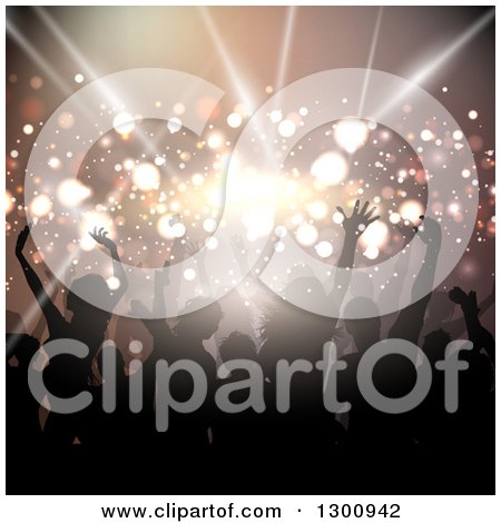 Clipart of a Group of Young Silhouetted Dancers Against Flares and Lights - Royalty Free Vector Illustration by KJ Pargeter