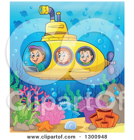 Clipart of Happy Cartoon White Children in a Yellow Submarine over a Colorful Reef - Royalty Free Vector Illustration by visekart