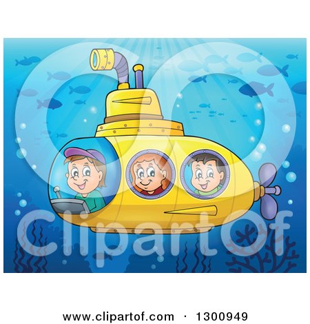 Clipart of Happy Cartoon White Children in a Yellow Submarine at a Reef - Royalty Free Vector Illustration by visekart