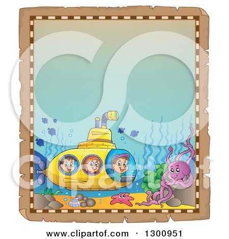 Clipart of a Vintage Parchment Frame with Happy Cartoon White Children in a Yellow Submarine and Sea Creatures - Royalty Free Vector Illustration by visekart