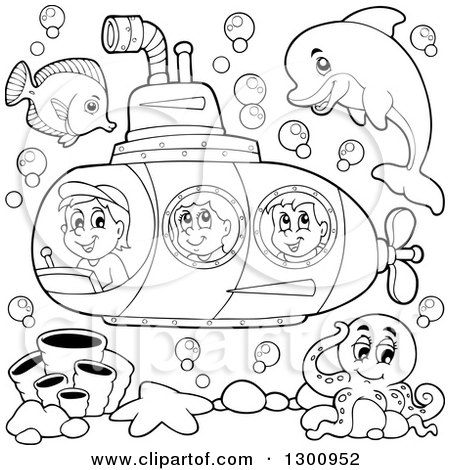Happy Black And White Cartoon Children In A Submarine With Sea Creatures Posters Art Prints By Interior Wall Decor