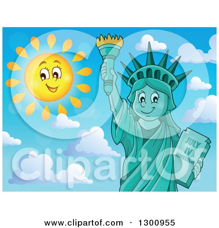 Clipart of a Carton Happy Statue of Liberty Holding up a Torch Against Blue Sky with a Sun Smiling and Puffy Clouds - Royalty Free Vector Illustration by visekart