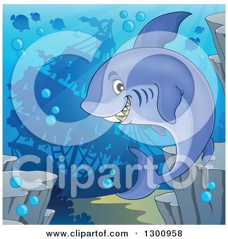 Clipart of a Cartoon Grinning Purple Shark Swimming Against a Silhouetted Sunken Ship - Royalty Free Vector Illustration by visekart