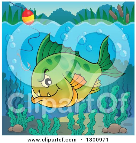 Clipart of a Green Carnivorous Piranha Fish Underwater, with a Fishing Hook and Visible Surface - Royalty Free Vector Illustration by visekart