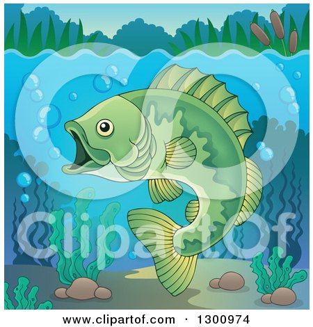 Clipart of a Green Freshwater Fish in a River, with Visible Surface - Royalty Free Vector Illustration by visekart