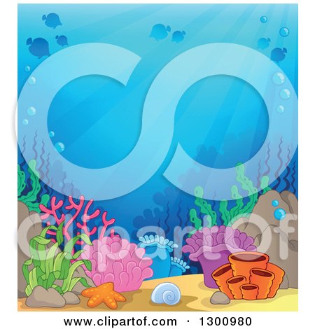 Clipart of a Background of an Ocean Reef with Sun Rays Shining down on Colorful Corals and Silhouetted Fish - Royalty Free Vector Illustration by visekart