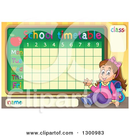 Clipart of a Cartoon Brunette White School Girl Sitting and Waving by a School Time Table - Royalty Free Vector Illustration by visekart