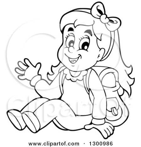 Clipart of a Cartoon Black and White School Girl Sitting and Waving - Royalty Free Vector Illustration by visekart