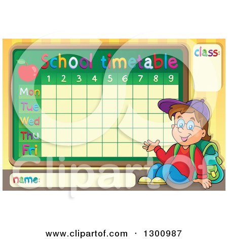 Clipart of a Cartoon Brunette White School Boy Sitting and Waving Under a School Time Table - Royalty Free Vector Illustration by visekart