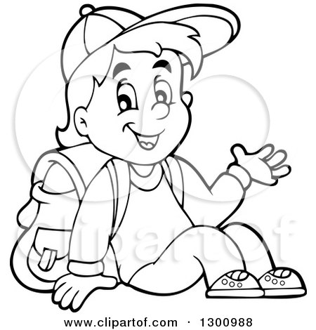 Clipart of a Cartoon Black and White School Boy Sitting and Waving - Royalty Free Vector Illustration by visekart