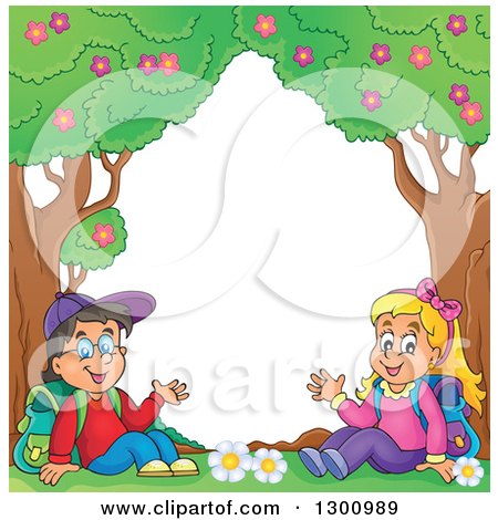 Cartoon White School Boy And Girl Sitting And Waving Under Trees Posters Art Prints By Interior Wall Decor