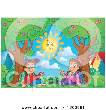 Clipart of a Cartoon White School Boy and Girl Sitting and Waving by Trees and a Smiling Sun - Royalty Free Vector Illustration by visekart
