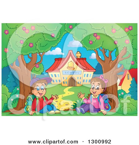 Clipart of a Cartoon White School Boy and Girl Sitting and Waving by Trees and a Building - Royalty Free Vector Illustration by visekart